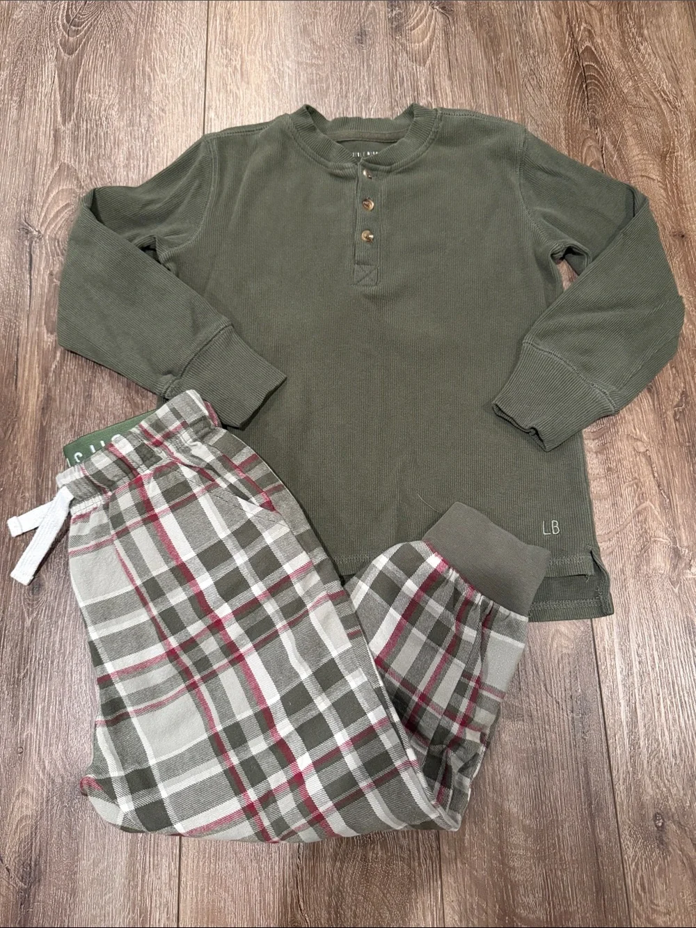 Little Bipsy Olive Green Henley Top with Plaid Pajama Pants Size: 4-5T